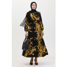 Sefa Merve Desenli Kuşaklı Elbise 0458-01 Siyah Hardal