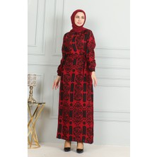 Sefa Merve Desenli Kuşaklı Viskon Elbise 0499-05 Kırmızı