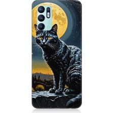Teknomeg Oppo Reno 6 Uyumlu Ay ve Kedi  Desenli Silikon Kılıf