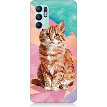 Oppo Reno 6 Uyumlu Renkli Kedi  Desenli Silikon Kılıf