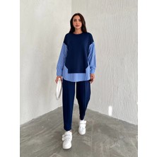 Ded Collection Kadın Mavi Beyaz Çizgili Modern Tasarım Uzun Kollu Gömlek Detaylı Sweatshirt Modal Takım