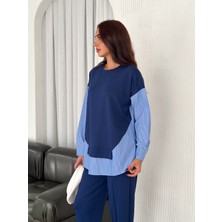Ded Collection Kadın Mavi Beyaz Çizgili Modern Tasarım Uzun Kollu Gömlek Detaylı Sweatshirt Modal Takım