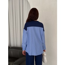 Ded Collection Kadın Mavi Beyaz Çizgili Modern Tasarım Uzun Kollu Gömlek Detaylı Sweatshirt Modal Takım