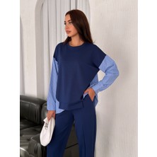 Ded Collection Kadın Mavi Beyaz Çizgili Modern Tasarım Uzun Kollu Gömlek Detaylı Sweatshirt Modal Takım