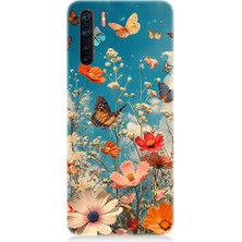 Oppo A91 Uyumlu Çiçekli Kelebekler  Desenli Silikon Kılıf