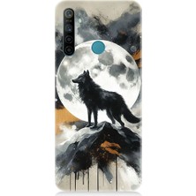 Teknomeg Realme 5i Uyumlu Ay ve Kurt  Desenli Silikon Kılıf