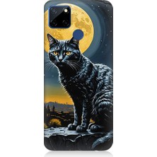 Teknomeg Realme C12 Uyumlu Ay ve Kedi  Desenli Silikon Kılıf