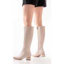 İnfon Ayakkabı Marketi RM-505 Bej Topuklu Fermuarlı Günlük Kadın Çizme