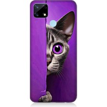 Teknomeg Realme 7i Uyumlu Mor Kedi  Desenli Silikon Kılıf