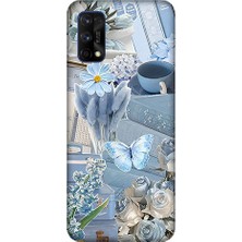 Teknomeg Realme 7 Pro Uyumlu Mavi Çiçekler  Desenli Silikon Kılıf