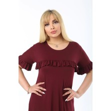 Kadın Büyük Beden Kol ve Göğüs Fırfırlı Bisiklet Yaka Midi Boy Elbise