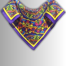 Mor Sarı Fular Bandana Ipeksi Twill Kumaş Mandala Desenli