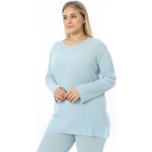 Büyük Beden Uzun Kollu Yüksek Bel Beli Lastikli Yırtmaçlı Ince Pijama Takım