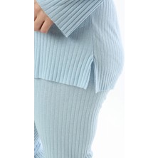 Büyük Beden Uzun Kollu Yüksek Bel Beli Lastikli Yırtmaçlı Ince Pijama Takım