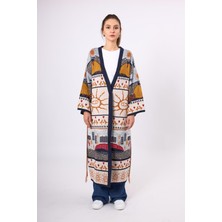 Peraluna Sweet Memories Jakarlı Kadın Uzun Triko Kimono - Lacivert Multi