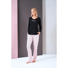 Pjs Kadın V Yaka Puantiyeli Yazılı Uzun Kol Pijama Takım