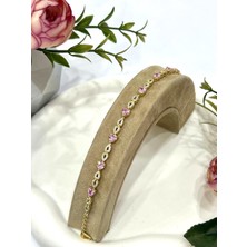 Kalp ve Zirkon Taşlı Çelik Bileklik (14K Gold 16-19CM)
