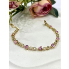 Kalp ve Zirkon Taşlı Çelik Bileklik (14K Gold 16-19CM)