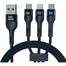 Nettech 3in1 USB To Micro + Lightning + Type-C İp Örgü Hızlı Şarj Data Kablosu 100 Cm