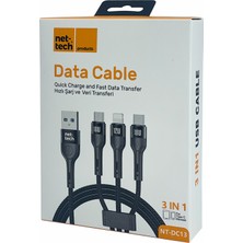 Nettech 3in1 USB To Micro + Lightning + Type-C İp Örgü Hızlı Şarj Data Kablosu 100 Cm