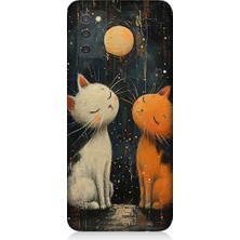 Samsung Galaxy A03S Uyumlu Ay ve Kediler  Desenli Silikon Kılıf