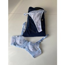 Caelia Design Kadın Buz Mavisi Çiçek Nakışlı Dantelli Bralet Çeyizlik Alt Üst Sütyen Külot Takımı