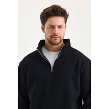 Genius  Sweatshirt Rahat Kesim Pamuklu Içi Polarlı Yarım Fermuarlı Dik Yaka Sweatshirt Siyah M