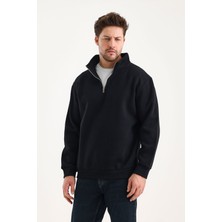 Genius  Sweatshirt Rahat Kesim Pamuklu Içi Polarlı Yarım Fermuarlı Dik Yaka Sweatshirt Siyah M