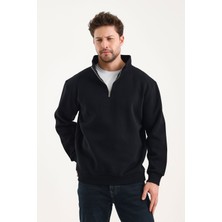 Genius  Sweatshirt Rahat Kesim Pamuklu Içi Polarlı Yarım Fermuarlı Dik Yaka Sweatshirt Siyah M