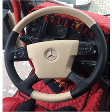 Hasbay Dikişli Direksiyon Kılıfı Bej/siyah Deri Siyah Dikişli Mercedes Actros Için