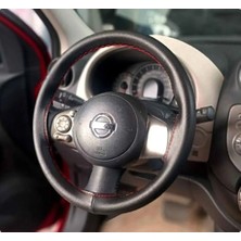 Hasbay Dikişli Direksiyon Kılıfı  Damarlı Siyah Deri Kırmızı Dikiş Nissan Micra Için