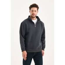 Genius  Sweatshirt Rahat Kesim Pamuklu Içi Polarlı Yarım Fermuarlı Dik Yaka Sweatshirt Füme L