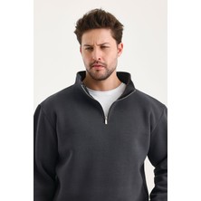 Genius  Sweatshirt Rahat Kesim Pamuklu Içi Polarlı Yarım Fermuarlı Dik Yaka Sweatshirt Füme L