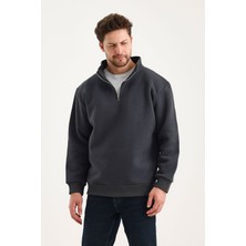 Genius  Sweatshirt Rahat Kesim Pamuklu Içi Polarlı Yarım Fermuarlı Dik Yaka Sweatshirt Füme L