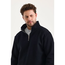 Genius  Sweatshirt Rahat Kesim Pamuklu Içi Polarlı Yarım Fermuarlı Dik Yaka Sweatshirt Lacivert L