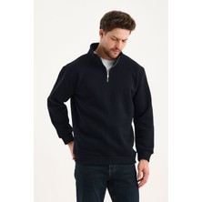 Genius  Sweatshirt Rahat Kesim Pamuklu Içi Polarlı Yarım Fermuarlı Dik Yaka Sweatshirt Lacivert L