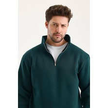 Genius  Sweatshirt Rahat Kesim Pamuklu Içi Polarlı Yarım Fermuarlı Dik Yaka Sweatshirt Nefti M