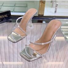 Trendy Anka Kadın Gümüş Nude Beyaz Taba 8cm Şeffaf Topuklu Taşlı Küt Kare Burunlu Stiletto Ayakkabı Terlik