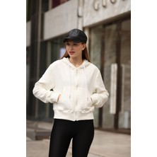 Sweatshirt Ekru Kadın Fermuarlı Kapüşonlu Özel Tasarım