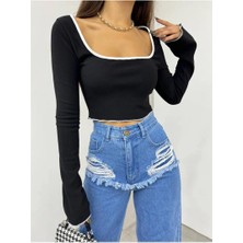 Fav Style Kadın Kare Yaka Uzun Kollu Biyeli Crop Bluz