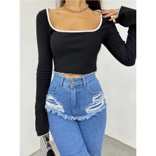 Fav Style Kadın Kare Yaka Uzun Kollu Biyeli Crop Bluz