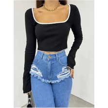 Fav Style Kadın Kare Yaka Uzun Kollu Biyeli Crop Bluz