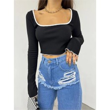 Fav Style Kadın Kare Yaka Uzun Kollu Biyeli Crop Bluz
