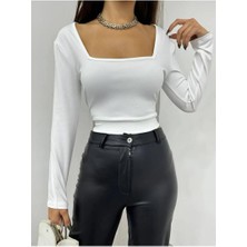 Fav Style Kadın Kolları Şeritli Uzun Kollu Kare Yaka Crop Bluz