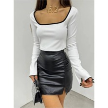 Fav Style Kadın Kare Yaka Uzun Kollu Biyeli Crop Bluz