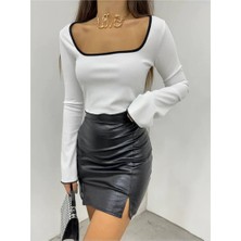 Fav Style Kadın Kare Yaka Uzun Kollu Biyeli Crop Bluz