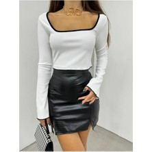 Fav Style Kadın Kare Yaka Uzun Kollu Biyeli Crop Bluz