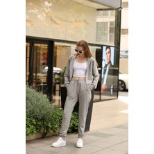 Sweatshirt Kadın Gri Kapüşonlu Tam Fermuarlı Özel Tasarım Takım