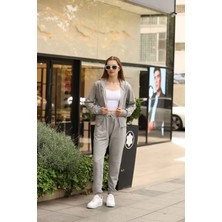 Sweatshirt Kadın Gri Kapüşonlu Tam Fermuarlı Özel Tasarım Takım