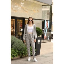 Sweatshirt Kadın Gri Kapüşonlu Tam Fermuarlı Özel Tasarım Takım